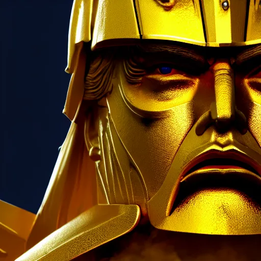 Image similar to Donald Trump as the god-emperor of mankind, he wears his golden armor, wrath on his face, epic full shot, cinematic lighting, matte painting, Artstationhd, 8k, , award winning on Artstation, hyper detailed, hyper realistic