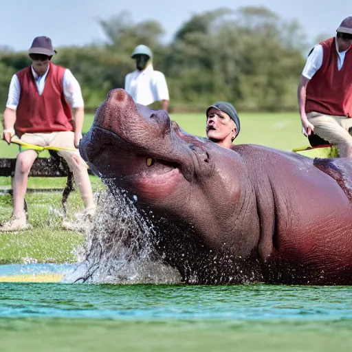 Image similar to polo played with humans and hippopotamuses. sports photograph.