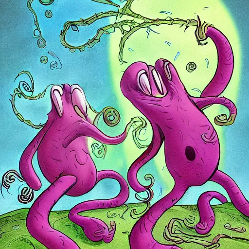 Prompt: of a fantastical world made by squiggleward tentacles and assrab roundbottoms, - w 8 9 6