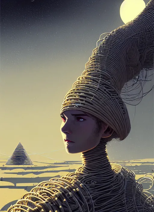 Image similar to highly detailed portrait of a robotic cyborg long curly white hair nomadic tribal lady, stray wiring and tubing by atey ghailan, james gilleard, by joe fenton, by greg rutkowski, by greg tocchini, by kaethe butcher, 4 k resolution, gradient yellow, black and white color scheme!!! ( ( robotic sandstorm robotic pyramid landscape background ) )