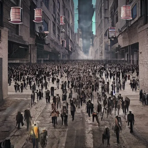 Image similar to hordes of drone-like people aimlessly walking around a depressing dystopian cityscape , trending on artststion, hyper realistic, surreal, melancholic, 8k, upscaled