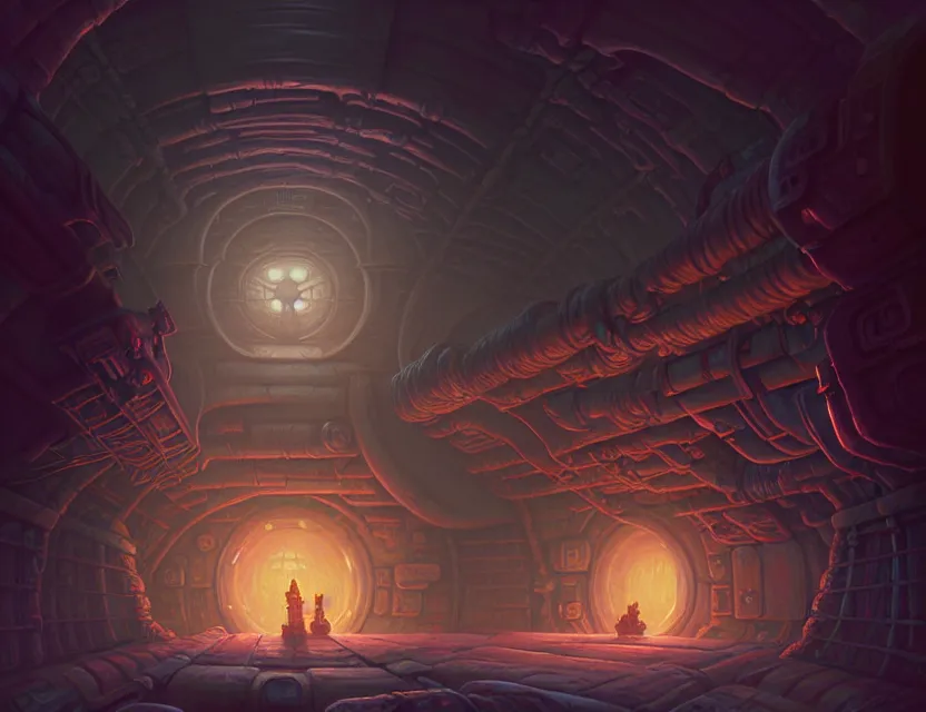 Image similar to interior view of the magic smuggler cargo hold of a flying ship, d & d planescape fantasy art, artstation contest winner, beautiful digital painting in the style of dan mumford, art by kev chan, volumetric lighting, concept art, speedpainting, fantasypunk, deep colors, cgsociety, by gerald brom, by greg rutkowski, by ruan jia