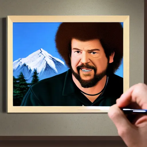 Image similar to a closeup photorealistic photograph of bob ross painting an image of kenny powers pitching a baseball on a canvas. mountains and trees. film still. brightly lit scene. this 4 k hd image is trending on artstation, featured on behance, well - rendered, extra crisp, features intricate detail, epic composition and the style of unreal engine.