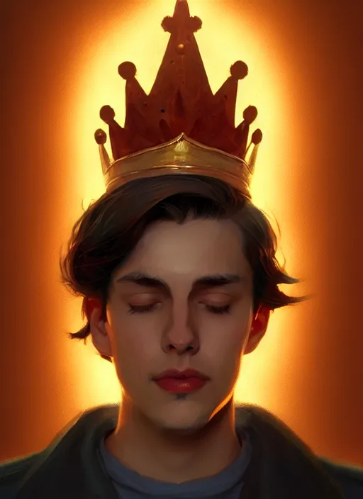 Image similar to portrait of jughead jones, wearing a crown, eyes closed, intricate, elegant, glowing lights, highly detailed, digital painting, artstation, concept art, smooth, sharp focus, illustration, art by wlop, mars ravelo and greg rutkowski