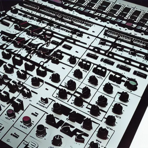 Image similar to moog modular synthesizer, album cover art by Hipgnosis