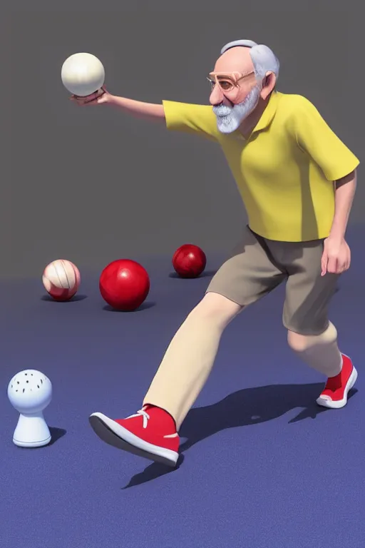 Image similar to a stylized 3 d old man character bowling, wearing short shorts, long socks and a bowlers shirt