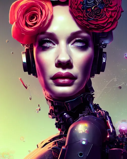 Image similar to portrait of christina hendricks with roses, cyberpunk cyborg. roses, sci - fi, intricate abstract upper body intricate artwork, by tooth wu, wlop, beeple, dan mumford. concept art, octane render, deviantart, greg rutkowski, cinematic arthouse, key art, hyper realism, iridescent accents