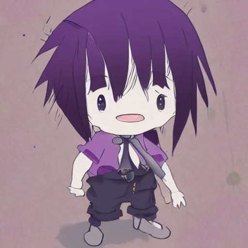 Image similar to cute little boy, purple color palette, artwork in toilet - bound hanako - kun art style, inspired in made in abyss and hirohiko araki