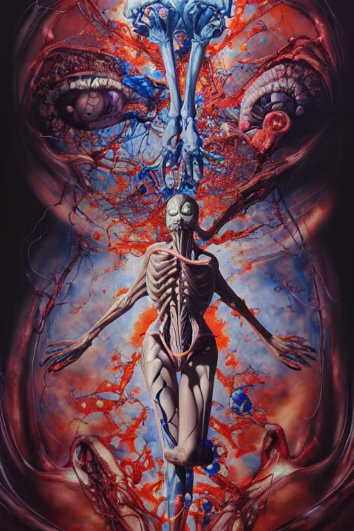 Image similar to a tall, fleshy anatomical figure with extra limbs, !!!wide eyes!!! hovering in the air, zero gravity, aliens around, rich colours, Ayami Kojima, mark brooks, hauntingly surreal, highly detailed painting by Katsuhiro Otomo, part by Adrian Ghenie, part by Gerhard Richter, Soft light 4K