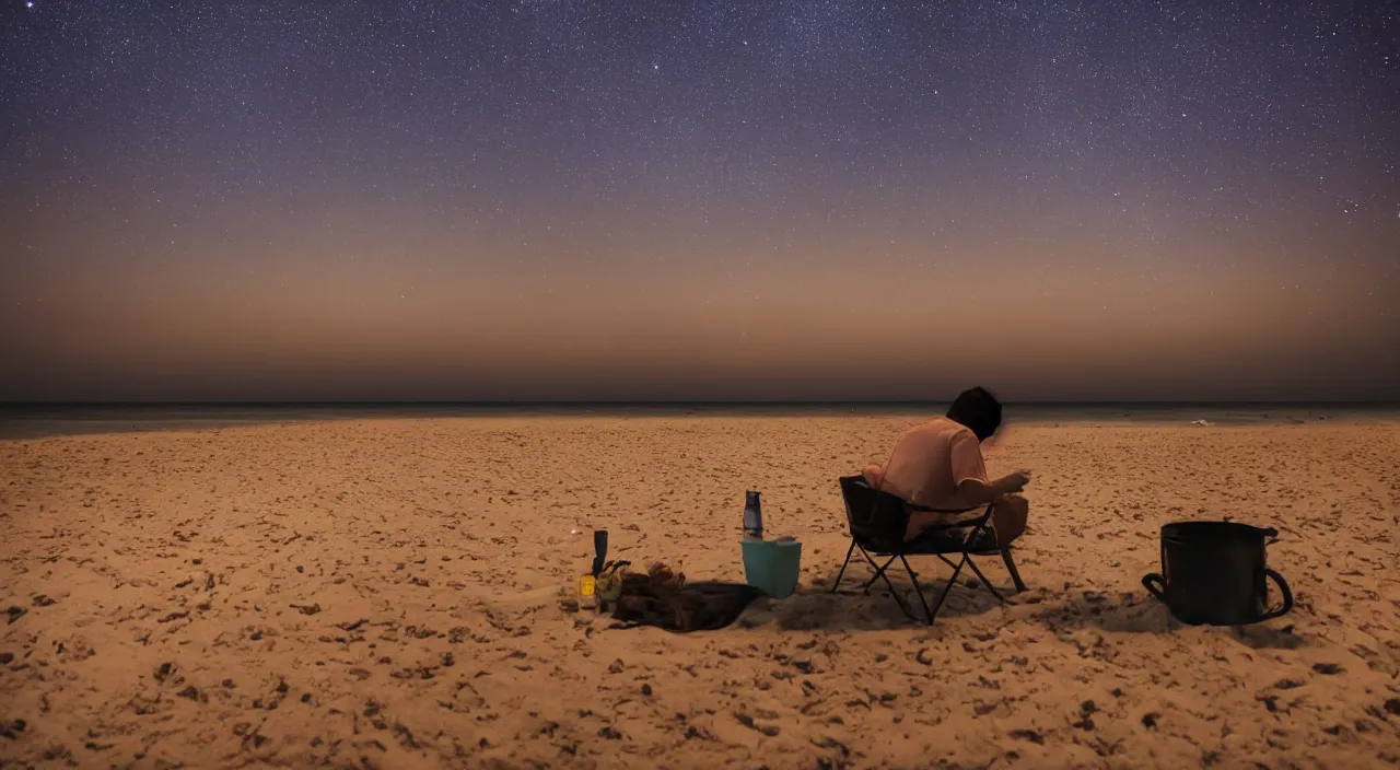 Image similar to someone drinking a cup of tea in the night while watching the stars in the middle of the beach, indigo ambient light