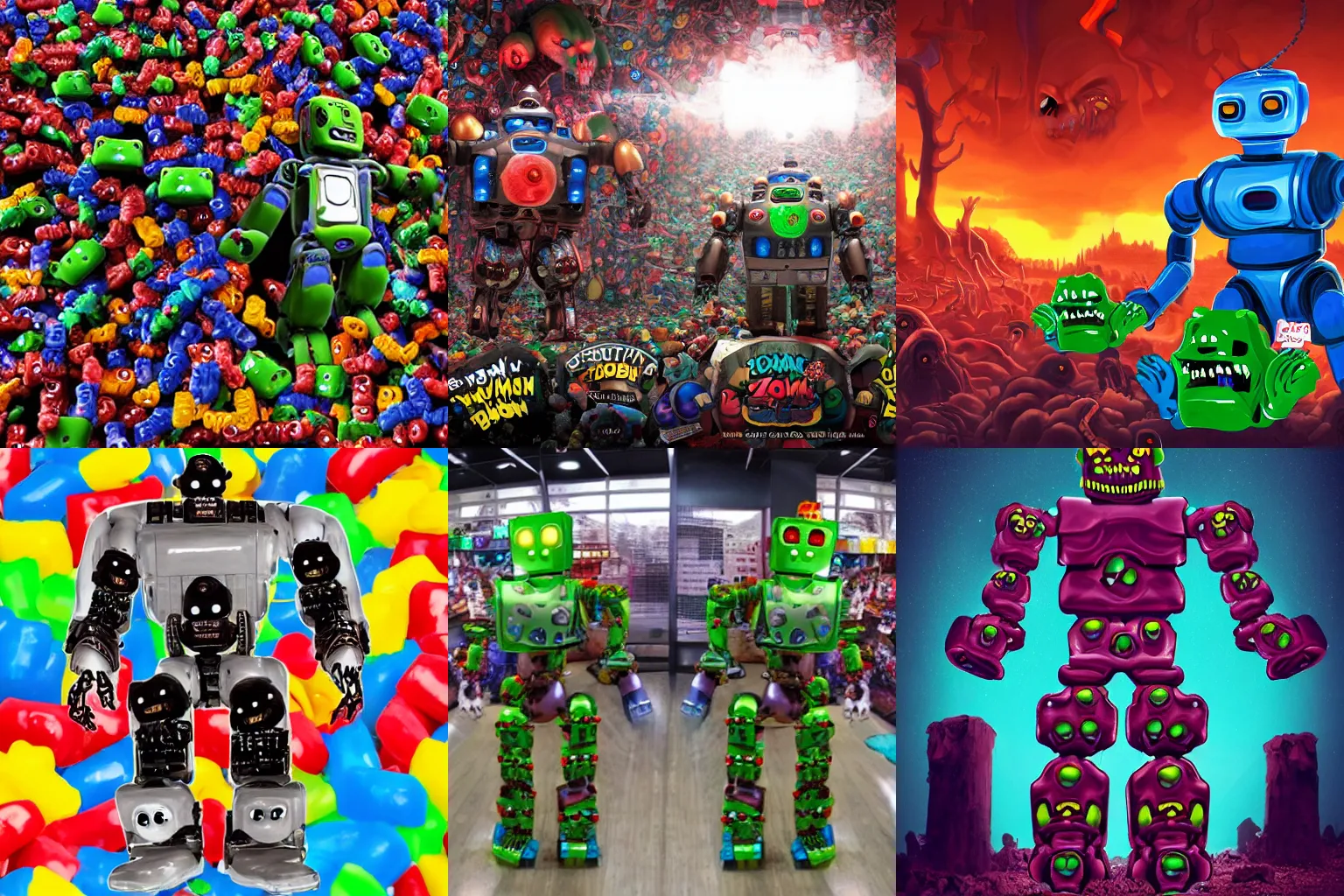 Prompt: panoramic vision of giant humanoid robot demon zombie overlord with gummie bears