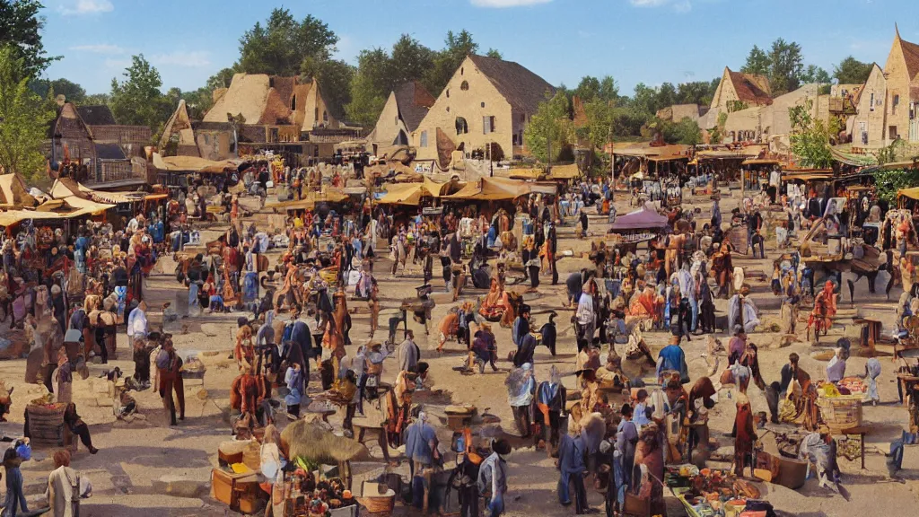 Prompt: a small town market of neanderthals, everyone is busy trading and having fun