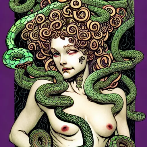 Image similar to A cute little medusa with snakes in your head collecting flowers in the forest. Absurdly-detailed fantasy character illustration by Rebecca Guay and Wayne Reynolds