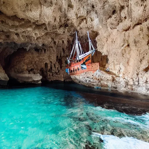 Prompt: photo of a spanish galleon in front of a jamaican shoreline cliff with a cave