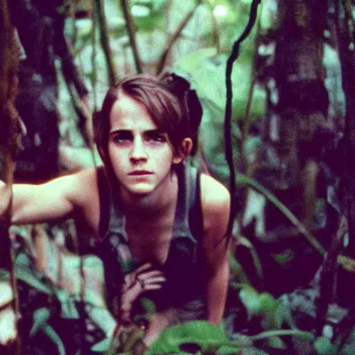 Prompt: film still, extreme far view, emma watson, jungle, vietnam door gunner, apocalypse now, associated press, 2 6 mm, kodak ektachrome, blue tint, expired film,