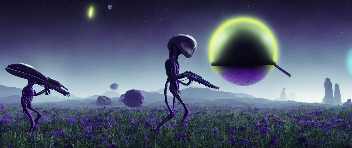 Image similar to grey alien with large black eyes holding an energy rifle on an alien planet with purple soil, green sky, blue and yellow fauna, alien creatures in the background, 3d render, Unreal Engine, octane render, ray tracing, Unity, highly detailed, high quality, HD, 4k, 8k, realistic, sharp, trending - H 800