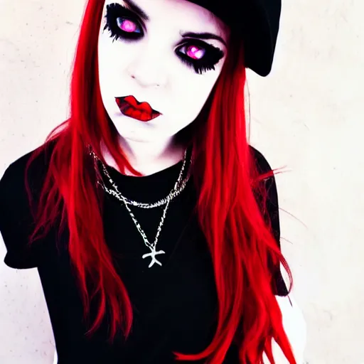 Image similar to portrait of a scene girl, emo outfit, black band t - shirt, red and black blocked blouse, white cap, makeup, jewelry