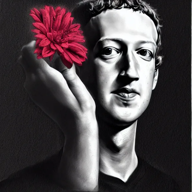 Image similar to mark zuckerberg holding a flower by hr giger, trending on artstation, realistic, detailed, concept art, horror, illustration