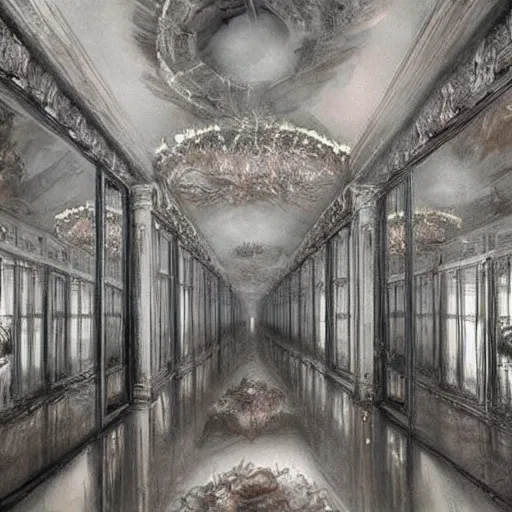 Image similar to a mirror room, full of mirrors, dark, beautiful Concept art in style of Alan Lee