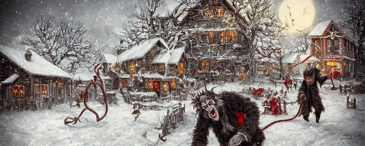 Prompt: Victorian Krampus in a snowy christmas village by antoni piotrowski