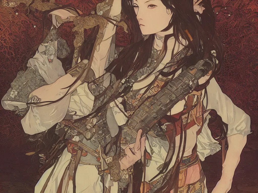 Image similar to a wandering samurai in full armor, dusk, by fiona staples, range murata, alphonse mucha