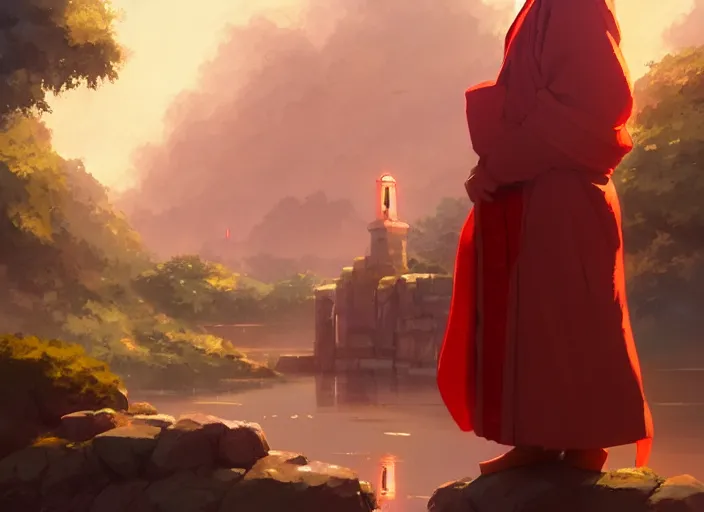 Image similar to cute fluffy mallard duck wearing red cultist robe, sacrificial altar in background, details, fantasy, epic, ancient city, landscape illustration concept art anime key visual trending pixiv fanbox by wlop and greg rutkowski and makoto shinkai and studio ghibli and kyoto animation symmetrical facial features