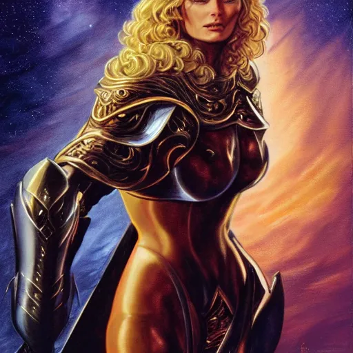 Prompt: portrait of a stunningly beautiful paladin in copper plate armor who looks like young michelle pfeiffer, moonlight in the background by boris vallejo and julie bell, soft details, soft lighting, HD, elegant, intricate, masterpiece