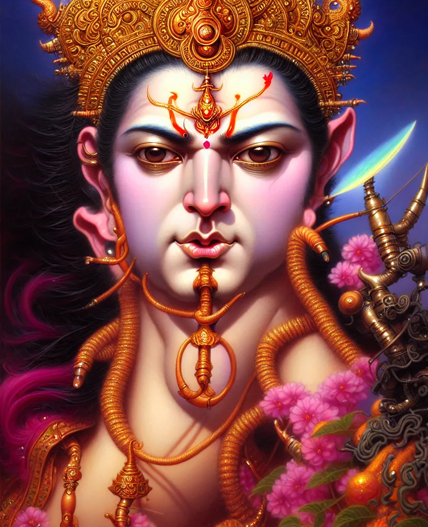 Prompt: beautiful hindu god romantic krishna fantasy character portrait, close - up, headshot, ultra realistic, intricate details, highly detailed by peter mohrbacher, hajime sorayama, wayne barlowe, boris vallejo, aaron horkey, gaston bussiere, craig mullins