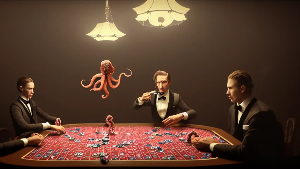 Image similar to hyperrealism simulation highly detailed human octopuses'wearing detailed tuxedos and smoking, playing poker in surreal scene from art house movie from future by wes anderson and denis villeneuve and mike winkelmann rendered in blender and octane render