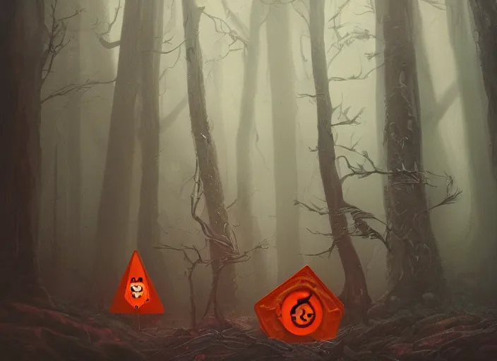 Prompt: a few orange safety cones in a beautiful strange forest, a black hairy fuzzy yakka mahasohna devil beast in a mask stands in the center distance, cinematic painting by james jean, atomspheric lighting, moody lighting, dappled light, detailed, digital art, limited color palette, wes anderson, artstation, 2 4 mm lens, surreal