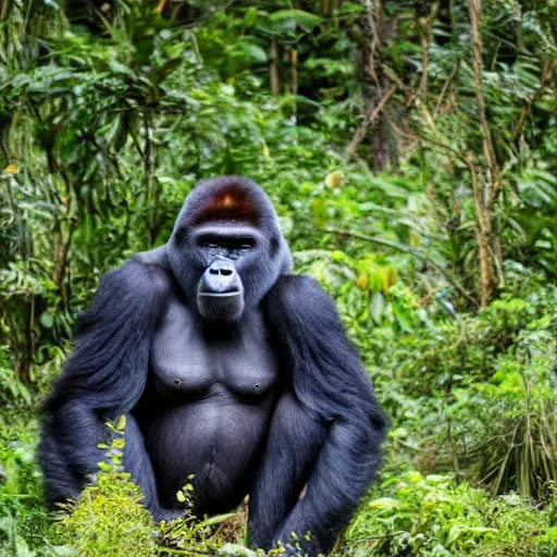 Image similar to gorilla with an elephant trunk in place of its nose, standing in the jungle