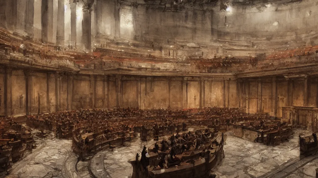 Image similar to interior of roman senate in session, watercolored, jakub rozalski, dark colours, dieselpunk, artstation