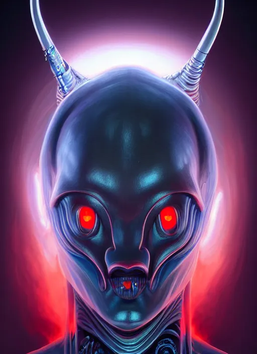 Prompt: symmetry!! portrait of realistic alien with horns. red eyes, human eyes, background flames, sci - fi, tech wear, glowing lights!! intricate, elegant, highly detailed, digital painting, artstation, concept art, smooth, sharp focus, illustration, art by artgerm and wayne barlowe and alphonse mucha