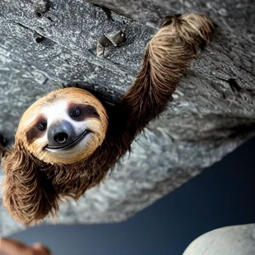 Prompt: An anthropomorphic sloth gives a thumbs up while bouldering