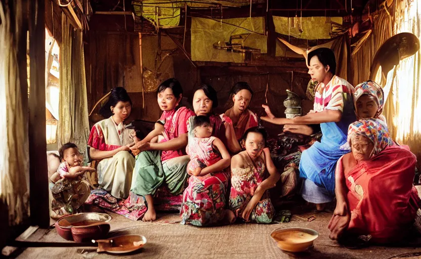 Image similar to a cinematic photograph of an Indonesian family inside their traditional house, by Gregory Crewdson, shot on 35mm film camera, natural lighting, 8K,