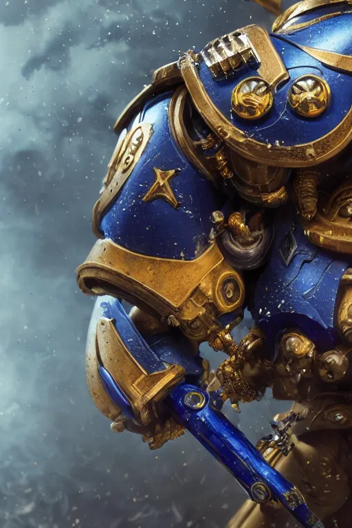 Image similar to a portrait of an ultramarine, space marine, warhammer 4 0 k setting, dynamic pose, close - up, intricate details, intricately detailed clothing, intricate textures, warm lighting, vivid colors, smoke and mist, realistic octane render, hyper realistic render, volumetric shading, depth of field, raytracing, 8 k,