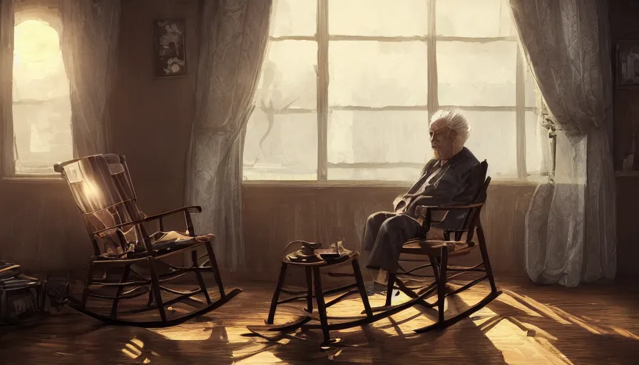 Image similar to Lonely old man on his rocking chair looking the sun at the windows of the living room of his old small house, hyperdetailed, artstation, cgsociety, 8k