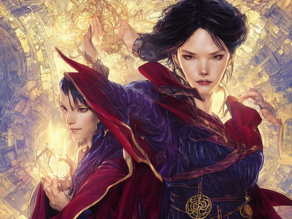 Image similar to anime key visual of one beautiful female doctor strange, marvel comics, spells, magic, intricate, inside magical temple stunning, highly detailed, digital painting, artstation, smooth, hard focus, illustration, art by artgerm and greg rutkowski and alphonse mucha