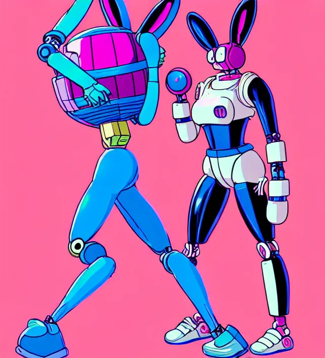 Prompt: retrowave robot rabbit girl in workout clothes, carrying eletro - whip, animation character design by akira toriyama, don bluth, jack kirby, alex toth, hasbro, action - adventure, sharp detail, artstation trending, conceptart. com