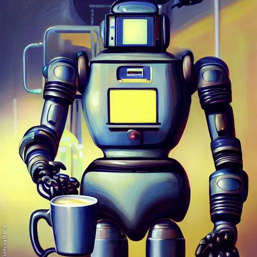 Prompt: soulful oil painting highly detailed futuristic robot serving a cup of coffee, by simon stalenhaag, by laurie greasley, high depth of field, fresh colors, coffee beans, coffee, steam, hyperdetailed, hyperrealistic, moody light, 3 d octane render, 4 k, volumetric lights, smooth, cosy atmosphere, artstation!