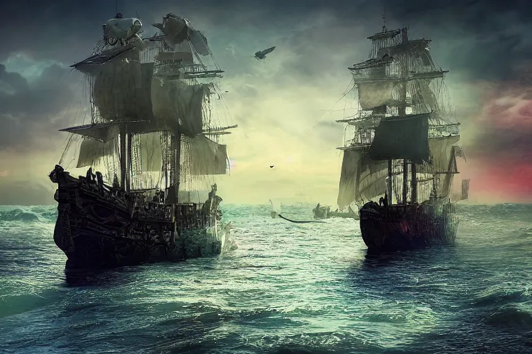 Prompt: A pirate city hauled across the oceans... A hidden miracle about be revealed... These are the ingredients of an astonishing story. It is the story of a prisoner's journey. Photo-realistic UHDR, hyperrealism, highly detailed, cinematic, luminescence, 32k, iridescence, high contrast, intricate, mystery, epic, fantasy