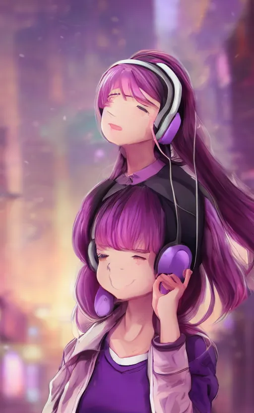 Image similar to anime girl with pink ponytail, wearing purple headphones, wearing a green sweater, with a smile on her face and her eyes closed, walking down a street, dynamic lighting, photorealistic fantasy concept art, trending on art station, stunning visuals, creative, cinematic, ultra detailed