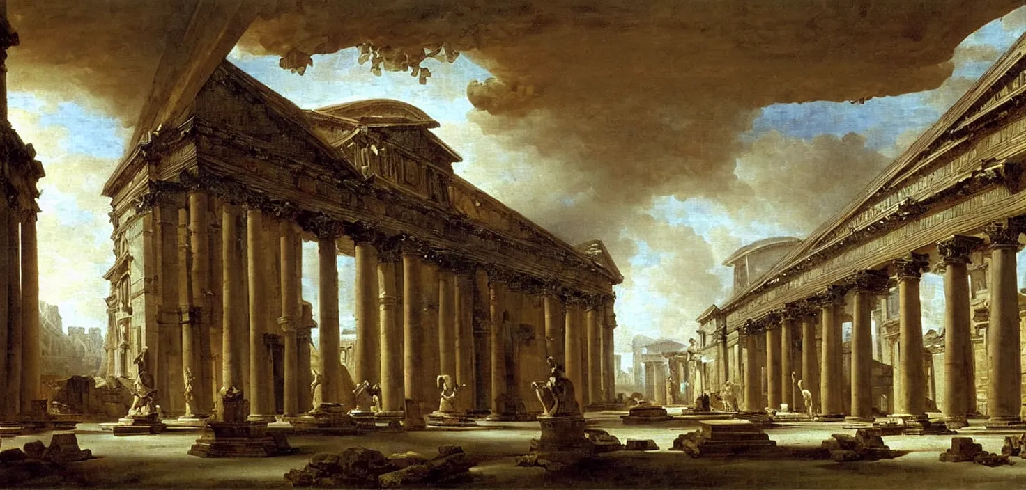 Prompt: imaginary view of the grand gallery of the louvre in ruins, a famous oil painting by hubert robert