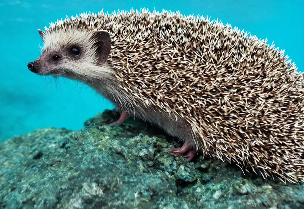 Image similar to a hedgehog swimming in a coral reef