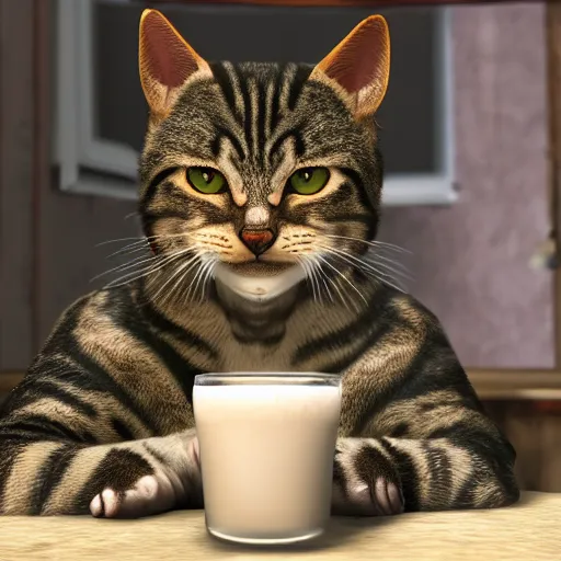 Prompt: realistic lovely tabby cat drinks milk!!!, in game pathologic 2, digital art, unreal engine, cinematic composition, sharp, details, hyper - detailed, hd