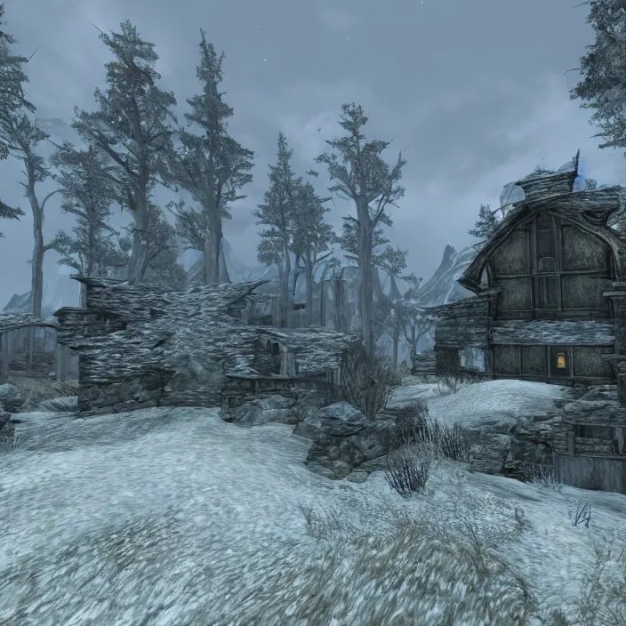 Image similar to a building in a serene landscape, skyrim