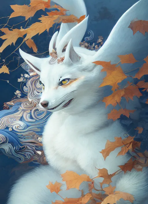 Image similar to white kitsune in autumn color kimono with art nouveau swirls, subsurface scattering, by jesper ejsing, justin gerard, tomasz alen kopera, cgsociety and fenghua zhong, highly detailed, rim light, cinematic lighting, illustration, art, octane render, very coherent, cinematic, hyper realism, high detail, octane render, 8 k