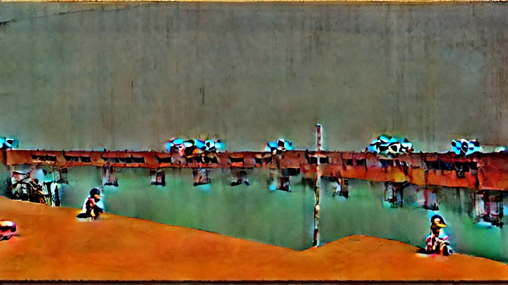 Image similar to a chinese prison near a river by peter doig, muted colors