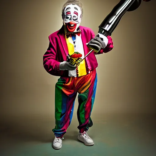 Image similar to studio photo of a clown with a bong, studio portrait