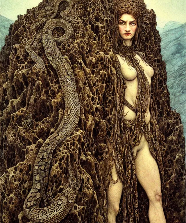 Image similar to A detailed snakewoman stands among the hills. Wearing a ripped mantle, robe. Perfect faces, extremely high details, realistic, fantasy art, solo, masterpiece, art by Zdzisław Beksiński, Arthur Rackham, Dariusz Zawadzki